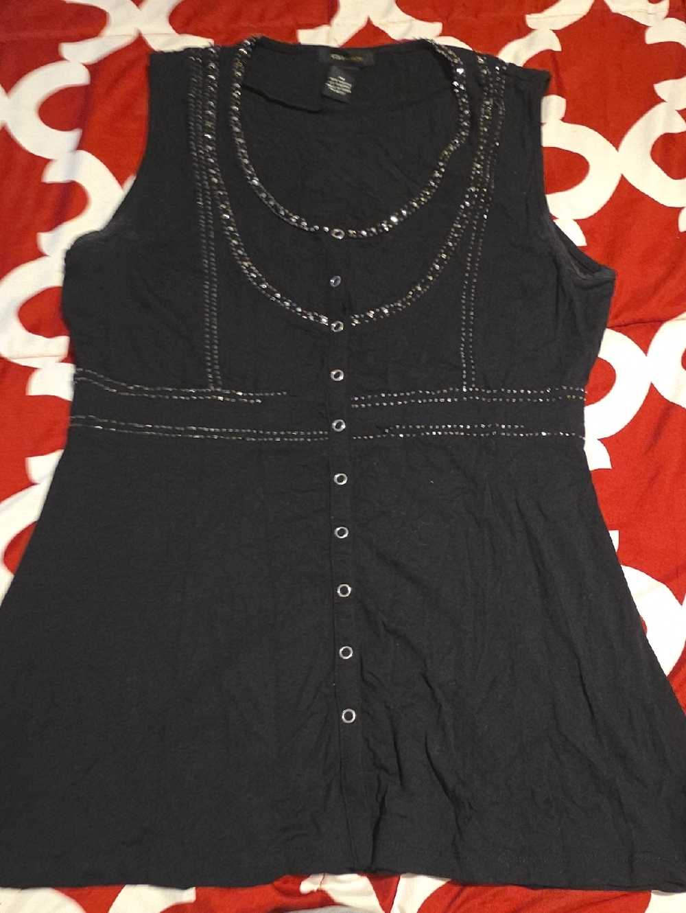 BCBGMaxAzria Black Sleeveless Button-Front Tank with Sequin Trim